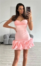 Pink Strapless Off the Shoulder Mesh Pleated Slim Fit Casual Mini Dress