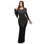 Black Mesh See Through Diamonds Long Sleeve Elegant Prom Club Formal Maxi Dress