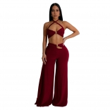 Claret Straps Two Piece Bra Cut Out Sexy Wide Leg Jumpsuit Pant Sets