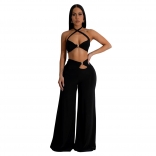 Black Straps Two Piece Bra Cut Out Sexy Wide Leg Jumpsuit Pant Sets