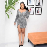 Silver Long Sleeve Low Cut Sequins Sexy Mini Slit Party Dress