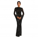 Black Long Sleeve O Neck Diamonds Women Luxury Evening Wedding Club Prom Maxi Dress