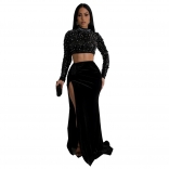 Black Long Sleeve Sequins Pealrs Crop Top Velvet High Slit Pleated Maxi Dress