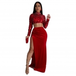 Red Long Sleeve Sequins Pealrs Crop Top Velvet High Slit Pleated Maxi Dress