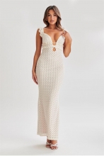 Beige Sleeveless Low Cut Knitted Lace Hollow Out Evening Party Maxi Dress