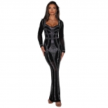 Black Long Sleeve Low Cut V Neck Rhinestones Bodycon Evening Long Dress