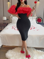 Red Off Shoulder Mesh Ruffles Pleated Bodycon Women Midi Dress