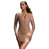 Beige Long Sleeve Diamonds Elegant Chic Backless Sexy Bodycon Prom Party Dress