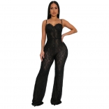 Black Straps Low Cut Lace Hollow Out Sexy Bodycon Jumpsuit