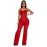 Red Straps Low Cut Lace Hollow Out Sexy Bodycon Jumpsuit