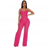 Rose Red Straps Low Cut Lace Hollow Out Sexy Bodycon Jumpsuit