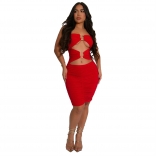 Red Sleeveless Hollow Out Sexy Women Evening Party Mini Dress