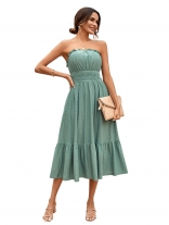 Green Off Shoulder Pleated Fashion Women Summer Casual Dress