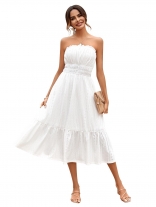 White Off Shoulder Pleated Fashion Women Summer Casual Dress