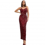 Red Straps Low Cut Sequins Pearls Elegant Party Midi Dress