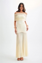 Beige Off Shoulder Pleated Strapless Mesh Evening Elegant Prom Maxi Dress