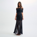 Black Off Shoulder Pleated Strapless Mesh Evening Elegant Prom Maxi Dress