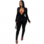 Black Deep V Neck Long Sleeve Bodycon Diamonds Party Sexy Jumpsuit