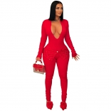 Red Deep V Neck Long Sleeve Bodycon Diamonds Party Sexy Jumpsuit