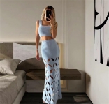 Blue Two Pieces Straps Crop Top Knitted Hollow Out Maxi Long Skirt Sets Dress