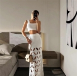 White Two Pieces Straps Crop Top Knitted Hollow Out Maxi Long Skirt Sets Dress