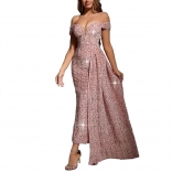 Pink Off Shoulder Mesh V Neck Sequined Bodycon Shawl Sexy Midi Dress