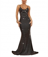 Black Elegant Diamonds Straps V Neck Women's Evening Prom Maxi Dress