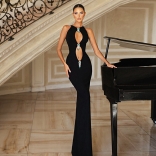 Black Deep V Neck Metal Hanging Elegant Women Hollow Out Evening New Fashion Maxi Dress