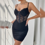 Black Straps Low Cut Lace Hollow Out Fish Bones Single-Breasted Bodycon Dress