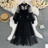 Black Embroidered Floral Elegant Mesh Sleeve Slim Fit Two Piece Vest Long Dress Sets