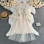 Apricot Embroidered Floral Elegant Mesh Sleeve Slim Fit Two Piece Vest Long Dress Sets
