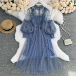 Blue Embroidered Floral Elegant Mesh Sleeve Slim Fit Two Piece Vest Long Dress Sets