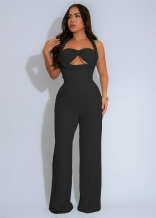 Black Weaving Straps Low Cut Bodycon Women Party Casual Straight Sexy Jumpsuit