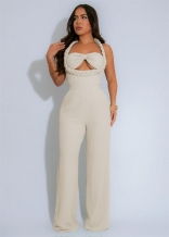 Beige Weaving Straps Low Cut Bodycon Women Party Casual Straight Sexy Jumpsuit