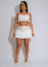 White Low Cut Straps Ruffles Tank Top Bodycon Women Short Skirt Dress