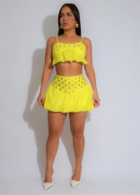 Yellow Low Cut Straps Ruffles Tank Top Bodycon Women Short Skirt Dress