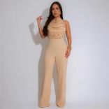 Beige Backless Straps Tassels Bodycon Elegant Evening Party Prom Jumpsuit