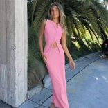 Pink Sleeveless Knitted Two Pieces Cardigan Long Fashion Casual Skirt Dress Sets