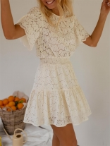 Beige Short Sleeve Lace Hollow Out Pleated Fashion Mini Skirt Dress