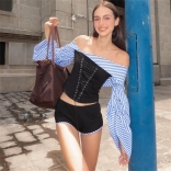 Black Off Shoulder Stripes Long Sleeve Lace Up Tops Party Sexy Short Sets