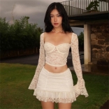 White Lace Long Sleeve Hollow Out Two Pieces Bodycon Sexy Clubwear