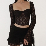 Black Lace Long Sleeve Hollow Out Two Pieces Bodycon Sexy Clubwear