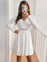 White Lace Long Sleeve Hollow Out Fashion Pleated Women Mini Skirt Dress