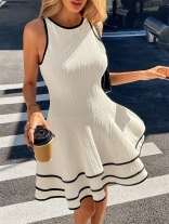 White Sleeveless Knitted Pleated Three Layer Ruffles Fashion Skirt Dress