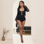 Black Long Sleeve Cut Out Lace Sexy Bodycon Backless Sexy Club Rompers