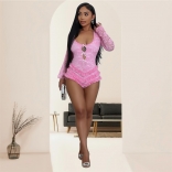 Pink Long Sleeve Cut Out Lace Sexy Bodycon Backless Sexy Club Rompers