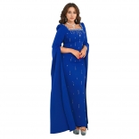 Blue Capes Sleeve Diamonds Square Neck Elegant Women's Evening Prom Long Dress