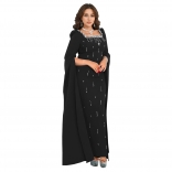 Black Capes Sleeve Diamonds Square Neck Elegant Women's Evening Prom Long Dress