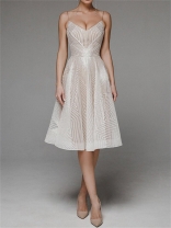 Beige Straps Low Cut Embroidered Luxury Women's Midi Skirt Dress