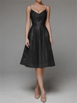 Black Straps Low Cut Embroidered Luxury Women's Midi Skirt Dress